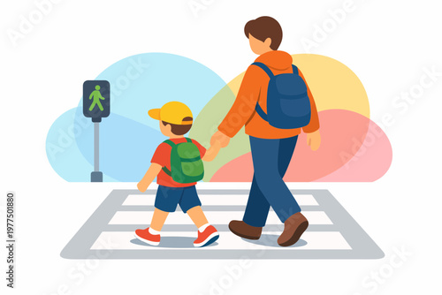 Father and son crossing the street safely at a pedestrian crosswalk
