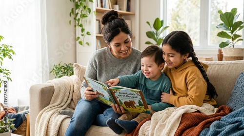 Joyful Mother and Children Reading a Storybook Together on a Cozy Sofa at Home, Including a Son with Down Syndrome