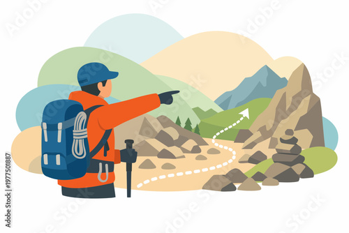 Hiker Pointing at Mountain Path with Backpack and Trekking Pole