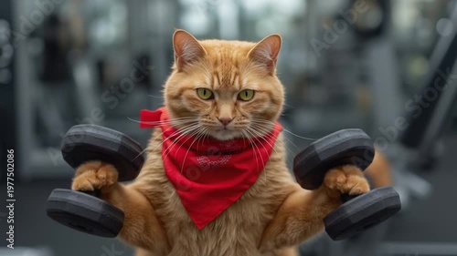 Ginger Cat Wearing Red Bandana Lifting Dumbbells in Gym orange cat lifting weights
