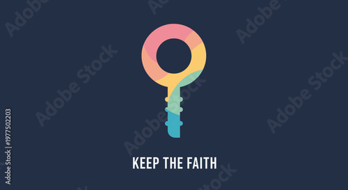 Colorful key with text "KEEP THE FAITH" on dark blue background