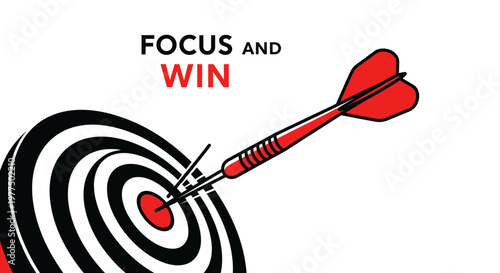 Dart hitting bullseye on target board with text FOCUS AND WIN, illustration