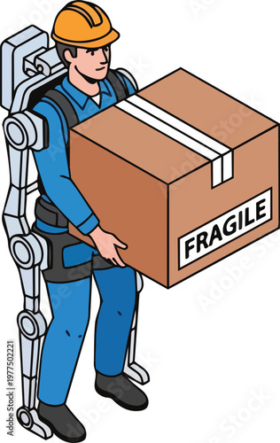 Worker Wearing Robotic Exoskeleton Suit for Lifting Heavy Box Isometric Vector Illustration