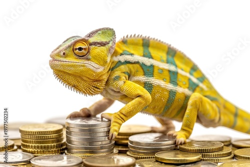 yellow chameleon on stack of coins. Financial adaptation