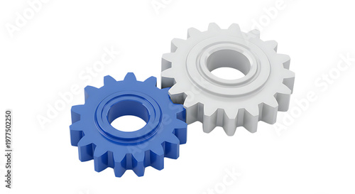 3d icon of two interlocking gears, one blue and one white, isolated on transparent background