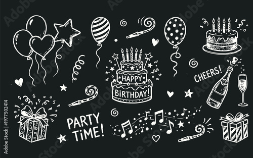 White line doodle illustrations of birthday party objects