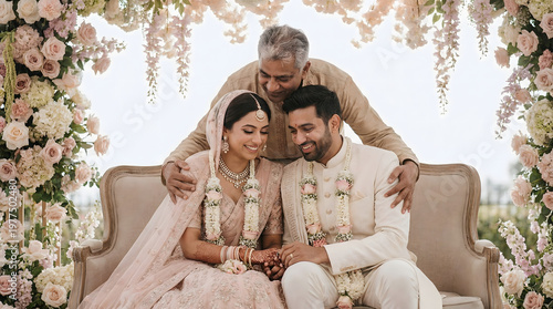 Indian Wedding Couple Receiving Blessing from Elder Under Floral Decor