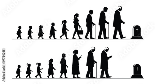 A stark black silhouette depicts the human lifecycle from infancy to old age and eventual death