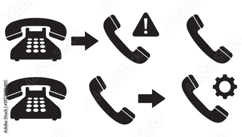 Black telephone icons evolving from old to new models with warning and settings symbols