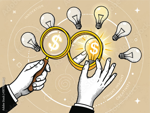 Business creativity concept with magnifying glass and light bulbs showing idea for money making  financial insight and innovation
