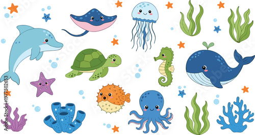 Cute ocean animal vector set with dolphin, blue whale, sea turtle, octopus, stingray, and puffer fish for nautical nursery decor and children's design.