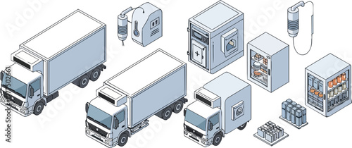 Isometric Cold Chain Logistics Set: Refrigerated Trucks, Medical Storage, and Temperature Controlled Transport Equipment Icons