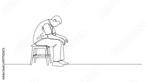 A man sitting on a stool with his head down in a simple line drawing style