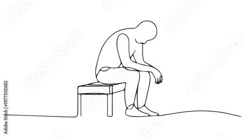 A man sitting on a stool with his head down in a simple line drawing style