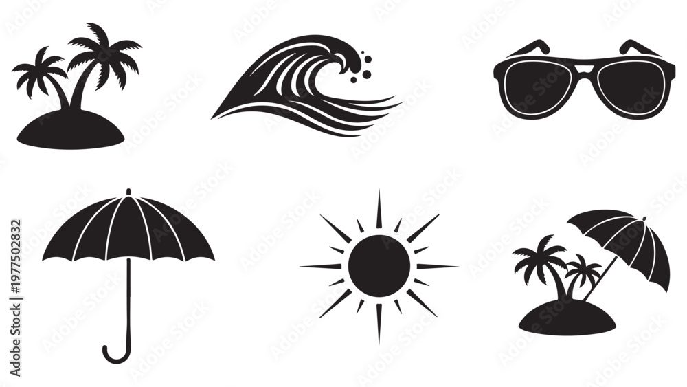 Obraz premium Black silhouettes of summer vacation icons on white background including palm trees wave sunglasses umbrella and sun