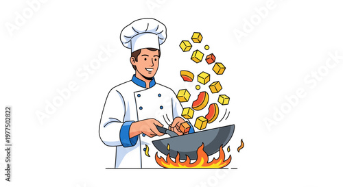 Chef cooking with flames and food in a wok