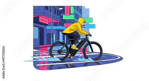 Cyclist riding bike city street at night neon lights
