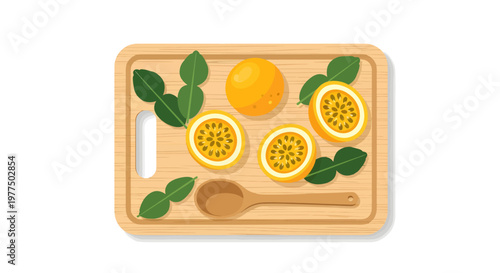 Fresh citrus fruits on wooden cutting board with spoon
