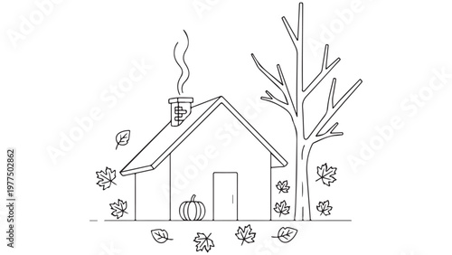 A black and white line drawing of a house with a chimney and a tree in autumn