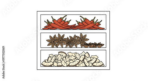 Spice icons set with chili peppers, star anise and nutmeg
