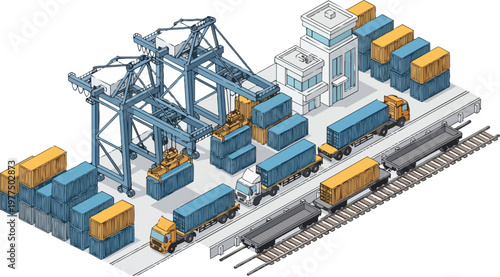 Isometric Logistics Terminal Illustration with Container Cranes, Freight Trucks, and Railway Cargo. Modern Supply Chain and Global Trade Concept on White Background.