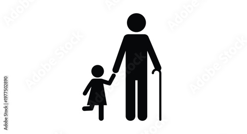 A simple black silhouette depicts an elderly man walking with a young child holding his hand