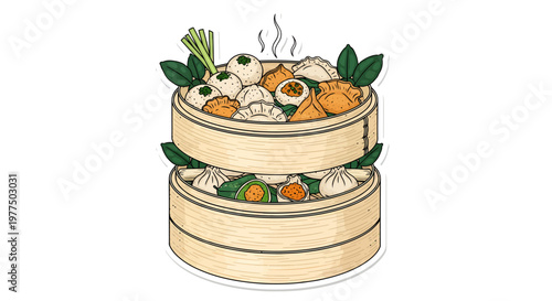 Steamed dumplings in bamboo steamer with vegetables