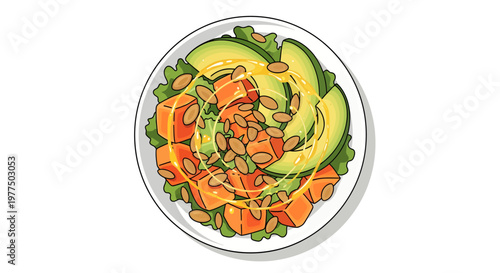 Colorful illustration of a plate with avocado and salmon salad