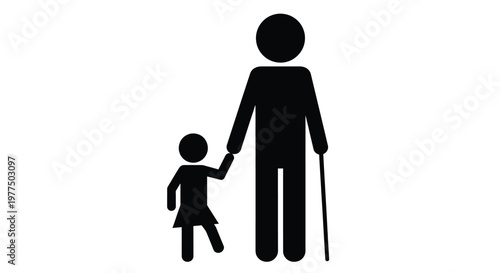 A simple black silhouette depicts an elderly person with a child holding hands for support