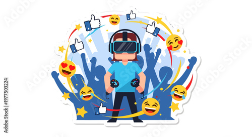 Virtual reality gamer wearing VR headset surrounded by social media icons and emojis
