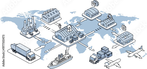 Isometric Global Supply Chain and Logistics Network Illustration on World Map featuring Shipping, Warehousing, and International Trade Infrastructure