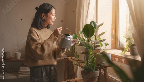 Wallpaper Mural a woman diligently waters her indoor plants, cultivating a sense of tranquility and connection with nature within the comfort of her home. The scene is bathed in natural light. Torontodigital.ca