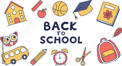 Back to school element set. Perfect for banner, poster, tag, sticker kit, scrapbooking. A colorful flat vector illustration of a “Back to School” theme, arranged as a cute educational collage 