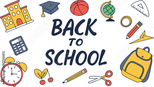 Back to school element set. Perfect for banner, poster, tag, sticker kit, scrapbooking. A colorful flat vector illustration of a “Back to School” theme, arranged as a cute educational collage 