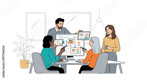 Diverse team collaborates on data analysis project, presenting charts and graphs on computer screens and tablets, fostering a productive office meeting environment with warm