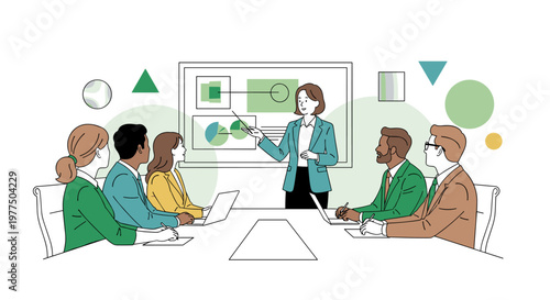 Diverse professionals engage in a collaborative meeting, presenting financial data and charts on a screen, fostering teamwork and strategic planning with clean lines and a
