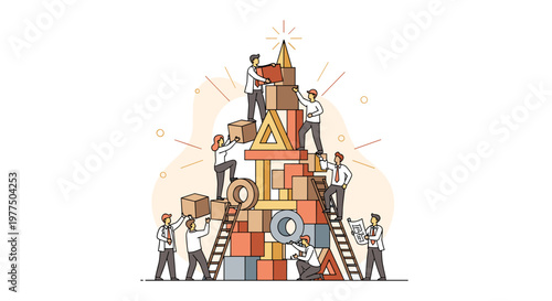 Diverse team members collaborate, building a towering structure with geometric blocks, boxes, and letter shapes, reaching towards a golden pinnacle, symbolizing synergy, project