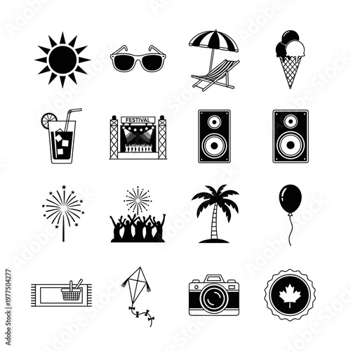 Collection of black and white summer icons depicting sunny days, beach relaxation, lively festivals, and outdoor fun activities like kite flying and photography, perfect for