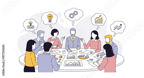 Diverse professionals gather around a circular table, actively discussing business strategies, sharing insights, and brainstorming innovative ideas, represented by thought bubbles