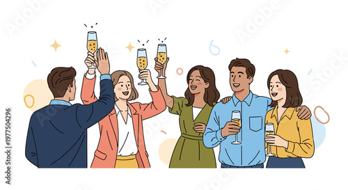 Diverse group of friends celebrating with champagne glasses raised high, conveying joy, success, and camaraderie in a modern, minimalist vector style with a warm color palette and