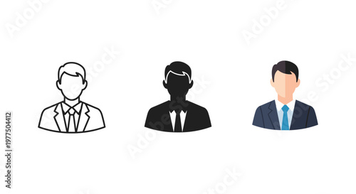 Three businessmen icons in different styles on white background