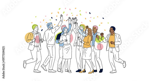 Diverse team members celebrating success with confetti falling, showcasing a modern, minimalist line art style with pops of yellow, green, and pink circles, representing