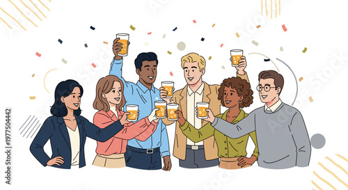 Diverse group of colleagues joyfully toasting with amber beverages, celebrating achievement amidst falling confetti and abstract decorative lines, conveying camaraderie and