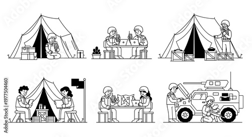 Military personnel engaged in various operational tasks, including using communication devices, laptops, maps, and maintaining vehicles within a campsite setting, depicted with