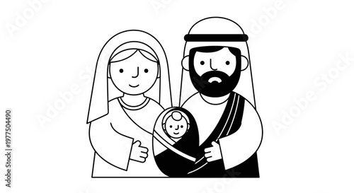 Simple line art depicts a joyful family unit, a mother with a head covering, a father with a beard and headwear, tenderly holding their infant child, representing a peaceful,