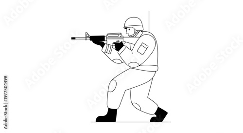 Minimalist line art depicts a soldier in tactical gear, aiming a rifle with focused intensity, rendered with clean, bold outlines and a stark monochrome palette, suggesting
