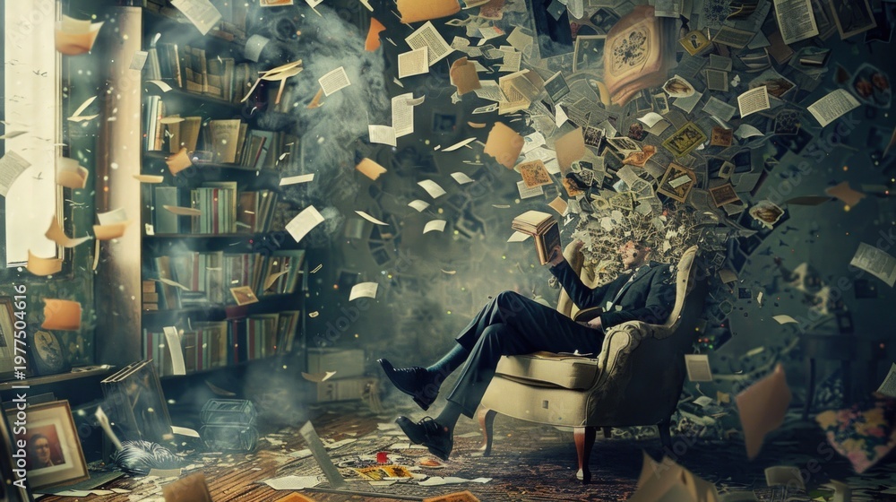 custom made wallpaper toronto digitaloverwhelmed businessman sitting in chair with books and papers flying around