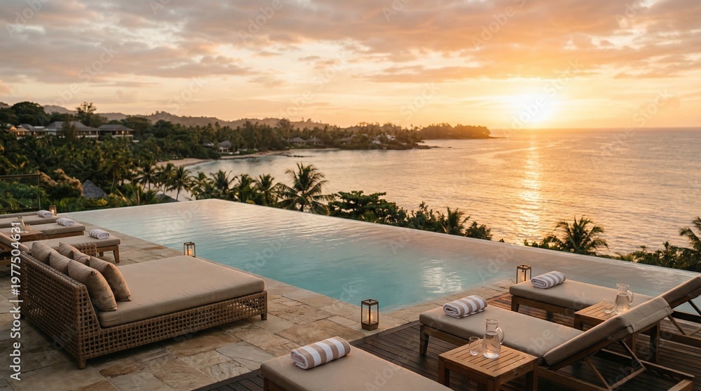 Fototapeta premium Luxury infinity pool overlooking a tropical beach at sunset