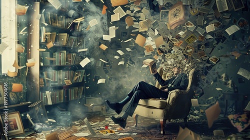 Wallpaper Mural overwhelmed businessman sitting in chair with books and papers flying around Torontodigital.ca