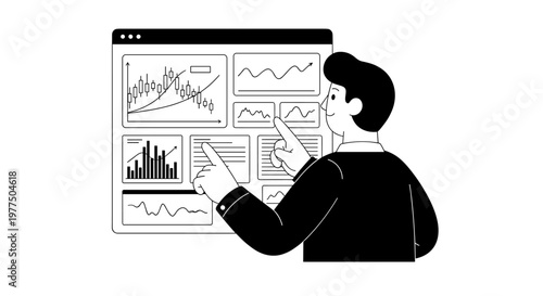 Man in suit interacting with digital interface displaying financial charts, stock market candlestick graphs, bar plots, and line data visualizations, emphasizing analysis and